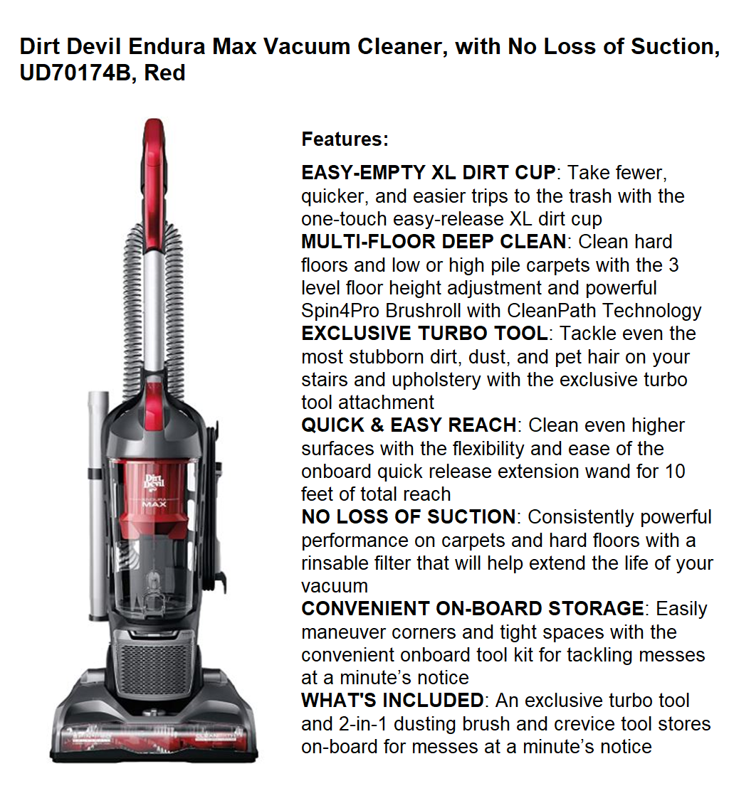 Dirt Devil Endura Max Vacuum Cleaner, with No Loss of Suction, UD70174B, Red