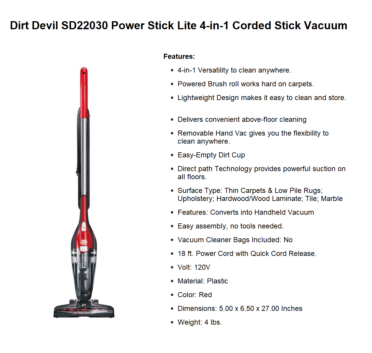 Dirt Devil Power Stick Lite 4-in-1 Corded