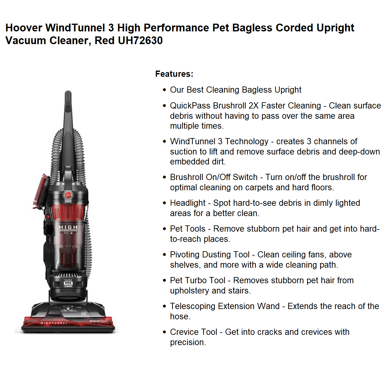 Hoover WindTunnel 3 High Performance Pet Bagless Corded Upright Vacuum Cleaner, Red
