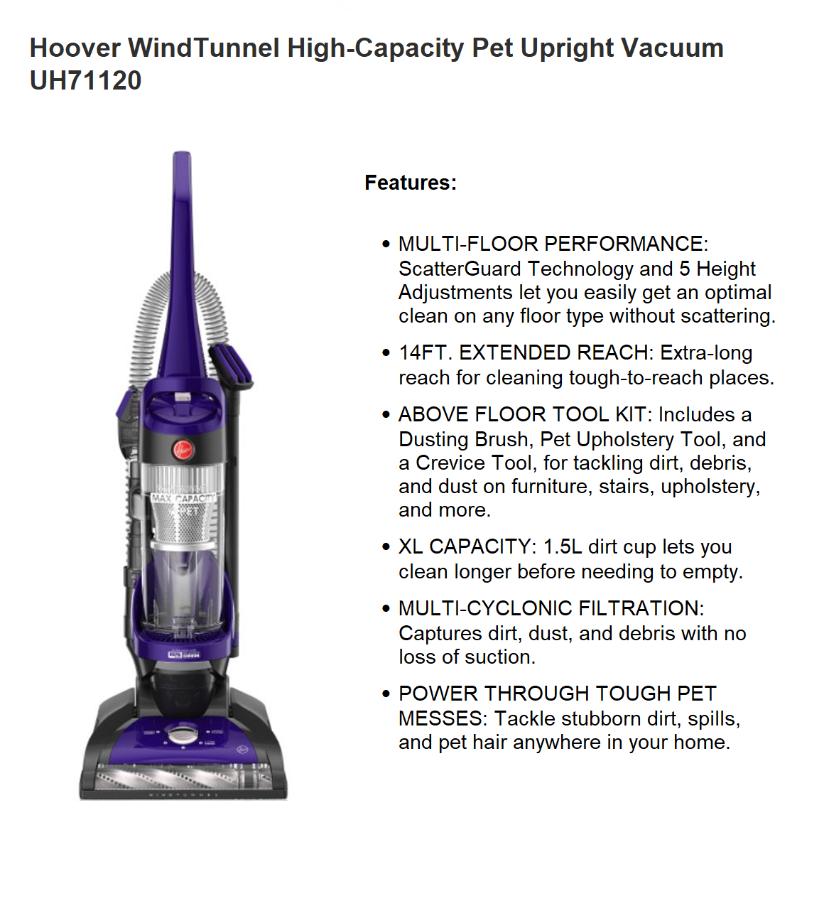 Hoover WindTunnel High Capacity Pet Upright Vacuum UH71120
