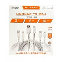 iHome TPE Durastrain Light-n-ing charging to USB-A Nylon Braided Charging Cable with Silicone Wrap, 3 pk 2IHLC2289W0L2